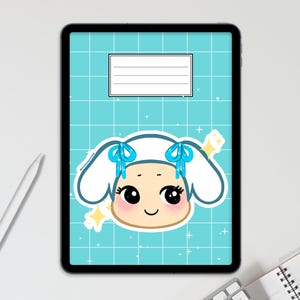 Puede incluir: Una portada de agenda digital con un fondo de cuadrícula azul y un personaje de dibujos animados blanco con lazos azules. El personaje tiene ojos grandes y una boca sonriente. La portada tiene un rectángulo blanco para un título.