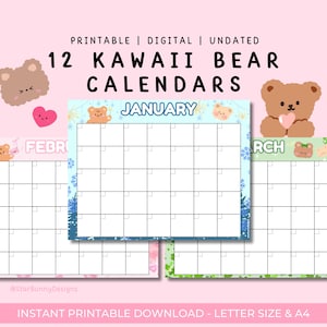 12 Kawaii Bear Calendars, Cute Monthly Printable Calendar Template, Kawaii GoodNotes Planner Calendar, Kawaii Digital Monthly Planner