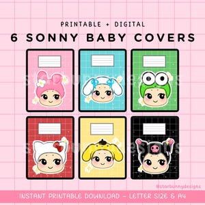 Könnte beinhalten: Sechs druckbare Sonny Angel Baby-Charakter-Cover für Notizbücher oder Journale. Die Cover zeigen ein rosa Kaninchen, ein blaues Kaninchen, einen grünen Frosch, ein rotes Kaninchen, einen gelben Welpen und einen schwarz-weißen Schädel. Die Cover sind mit einem glitzernden Hintergrund gestaltet.