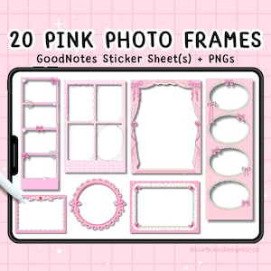 May include: A digital illustration of a tablet displaying 20 pink photo frames. The frames vary in design, including rectangular, oval, and curtain-style frames, all in shades of pink. Text at the top reads "20 PINK PHOTO FRAMES" and "GoodNotes Sticker Sheet(s) + PNGs".