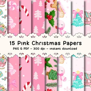 15 Pink Christmas Digital Papers, Coquette Christmas Digital Papers for Scrapbooking, Cute Pink Christmas Seamless Patterns