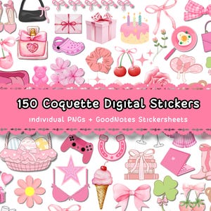150 Pink Coquette GoodNotes-stickers, girly roze GoodNotes-stickers, Coquette afdrukbare stickers, schattige Girly GoodNotes-stickers