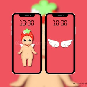 Strawberry Angel Baby Phone Wallpaper Set, Kawaii Sonny Wallpaper, Kawaii iPhone Wallpapers, Cute Wallpaper Sets, Cute Strawberry Wallpapers