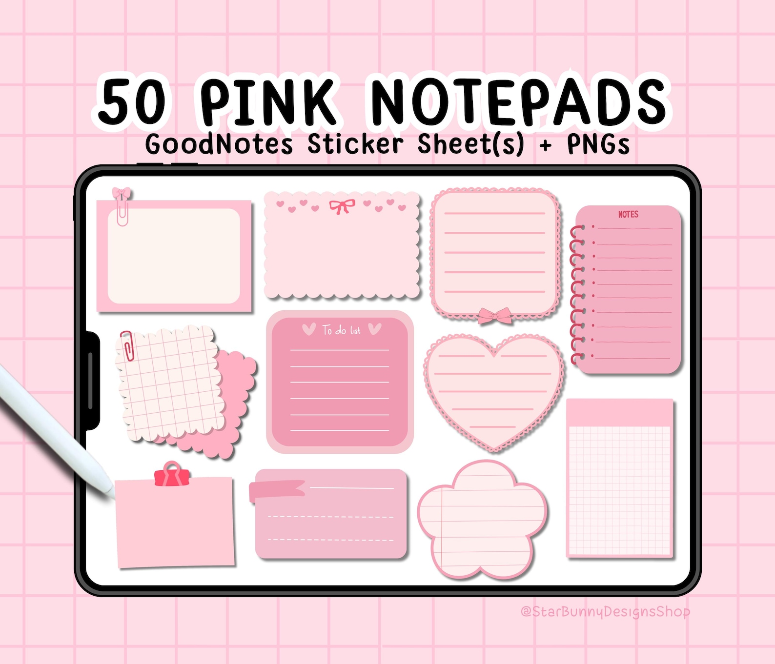 50 Pink Notepad Digital Stickers, Goodnotes Note Pad Stickers, Digital ...