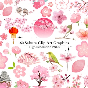 Paquete de 60 imágenes prediseñadas de Sakura, imágenes prediseñadas de flor de cerezo, PNG transparentes de alta resolución, imágenes prediseñadas florales rosas, PNG de 4000 x 4000 px