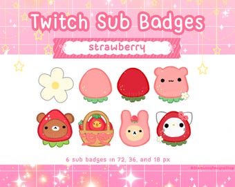 8 Strawberry Twitch Sub Badges, Kawaii Twitch Sub Badges, Cute Strawberry Stream Icons, Pink Twitch Sub Badges, Bear Twitch Badges