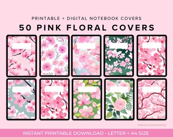 50 Pink Floral Notebook Covers, Floral GoodNotes Covers, Digital and Printable Notebook Covers, Girly Pink GoodNotes Covers