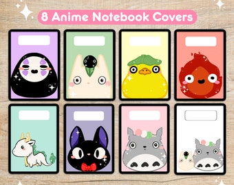 May include: Eight anime notebook covers with colorful designs. Each cover features a different character, including a black and white spirit, a white creature with a black spot, and a yellow bird-like figure. The text "8 Anime Notebook Covers" is at the top.