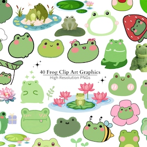 40 kawaii kikker clip art graphics set bundel, schattige kikker hoge resolutie png-afbeeldingen, kikker digitale stickers scrapbooking, schattige kikker stickers