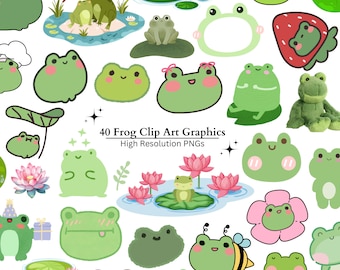 Conjunto de 40 imágenes prediseñadas de ranas kawaii, imágenes PNG de alta resolución de ranas adorables, pegatinas digitales de ranas para scrapbooking, pegatinas de ranas adorables