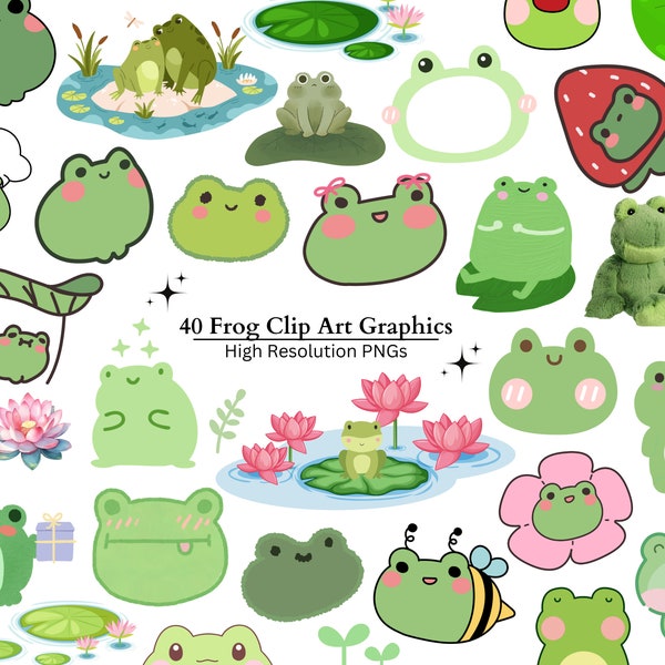 40 Kawaii Frog Clip Art Graphics Set Bundle,  Cute Frog High Resolution PNG Images, Frog Digital Stickers Scrapbooking, Cute Frog Stickers