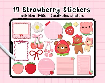 17 Strawberry Digital Stickers, Kawai GoodNotes Stickers, Cute Pink Digital Planner Stickers, Kawaii Digital Planner Stickers