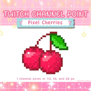 Könnte beinhalten: Pixel-Art von zwei roten Kirschen mit einem grünen Stiel und Blatt. Die Kirschen sind 112, 56 und 28 Pixel groß. Der Text "TWITCH CHANNEL POINT Pixel Cherries" befindet sich oben im Bild.