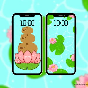 Capybara Phone Wallpaper Set, Kawaii Capybara iPhone Wallpaper, Lotus Phone Wallpaper, Kawaii HD Wallpaper Set, Kawaii Matching Wallpapers