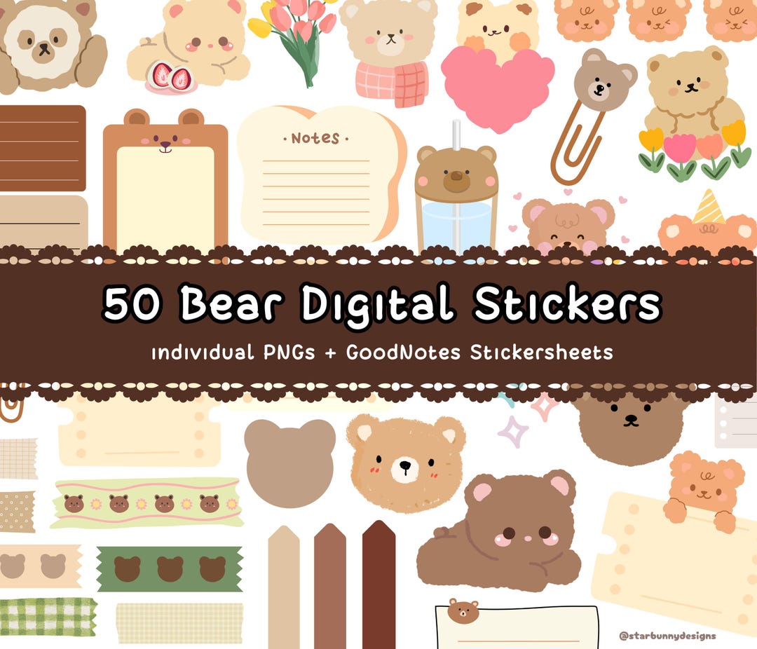 50 Bear Goodnotes Stickers, Kawaii Bear Goodnotes Digital Stickers ...