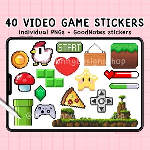 May include: A set of 40 pixel art video game stickers. The stickers feature various video game elements, including a mushroom, a star, a pipe, a controller, a pizza slice, a heart, a coin, a block, a start button, a cloud, and a progress bar. The stickers are designed for use with GoodNotes.