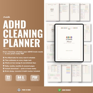 Puede incluir: Un planificador de limpieza para TDAH imprimible con 22 páginas, disponible en tamaños A4 y Carta como descarga instantánea en PDF. El planificador incluye tareas pre-rellenadas, estimaciones de tiempo y un rastreador de hábitos. La portada muestra el texto "ADHD Cleaning Planner".