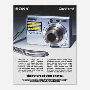 May include: Silver Sony Cyber-shot digital camera with a 2.4" LCD monitor and 7.2 megapixels. The camera has a lens and a wrist strap. The text "The future of your photos" is at the bottom.