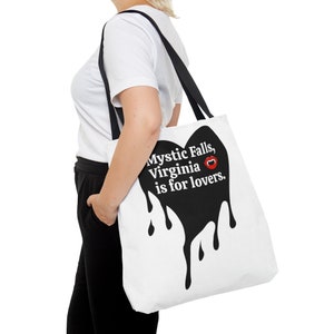 Stylish "Mystic Falls, Virginia is for lovers." ultimate tote bag for the TVD fan, great for shopping errands and the beach!