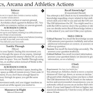 Può includere: Un grafico con sfondo bianco e testo nero che delinea diverse azioni e i loro requisiti per un gioco di ruolo da tavolo. Le azioni includono Montare, Equilibrio, Ricordare Conoscenza, Puntare, Alzare uno Scudo, Sostenere, Rotolare Attraverso, Manovra in Volo, Scalare, e altro ancora.