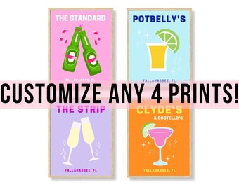 May include: Four colorful prints with illustrations of drinks and the text "THE STANDARD", "POTBELLY'S", "THE STRIP", and "CLYDE'S & COSTELLO'S". Each print has the text "TALLAHASSEE, FL" at the bottom.