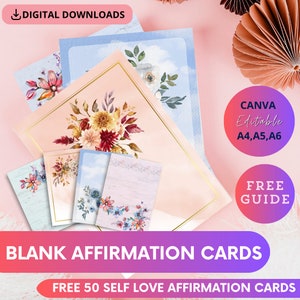 Blank affirmation card Editable templates Canva with Free eBook DIY Affirmation Cards,Printable included for handwritten cards customizable.