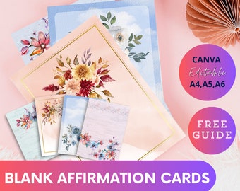 Cartes d'affirmation vierges : modèle Canva modifiable avec ebook gratuit imprimable inclus pour les cartes manuscrites, cartes DIY personnalisables