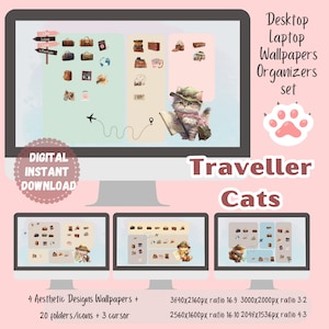 Cat Traveler Desktop Theme Background Wallpaper Organizer Set | Travel Theme Folder Icons Wallpaper Organizer | Kawai Desktop Organizer