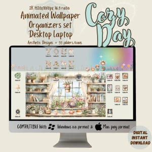 Animated Cozy Relax Day Theme | Flora & Cat lover Background  | Wallpaper Organizer Set | Folder Icons Wallpaper | Kawai Desktop Organizer