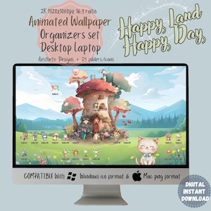 Animated Happy Land Happy Day | Flora & Cat lover Background  | Wallpaper Organizer Set | Folder Icons Wallpaper | Kawai Desktop Organizer