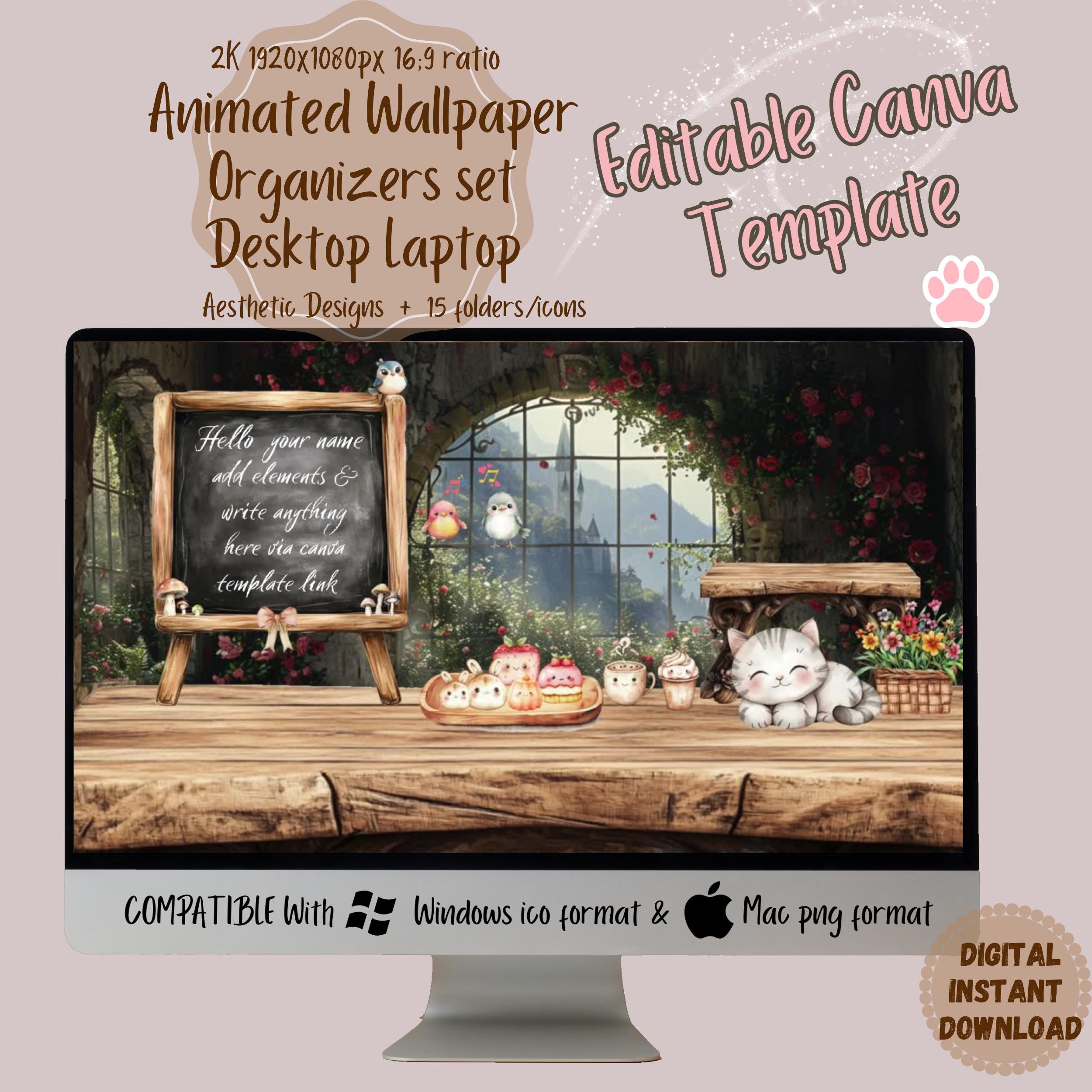 Flora Cat Animated Desktop Wallpaper Organizer: Editable Canva Template ...