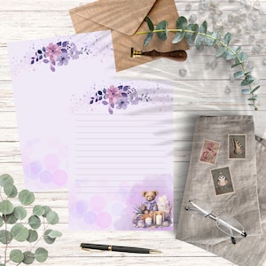 Púrpura oso de peluche Flora Papelería IMPRIMIBLE #002, Papelería imprimible, Papel de escritura, Papel de escritura de cartas, Juego de escritura, Papel de notas, Amigo por correspondencia