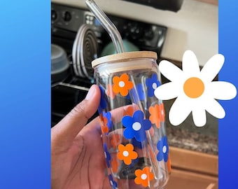 Flower Glass Can Cup with Bamboo lid and straw