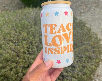 Rainbow Teach Love Inspire Glass Can Cup With Bamboo Lid and Straw | Rainbow Glass Tumbler with Straw and Bamboo Lid | Iced Coffee Cup