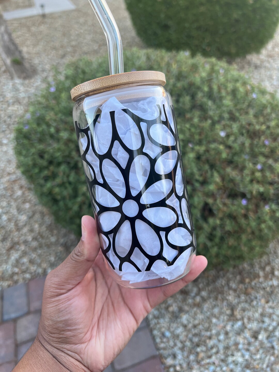 Spring Flower Glass Can Cup With Bamboo Lid and Straw - Etsy