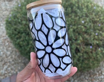 Spring Flower Glass Can Cup with Bamboo Lid and Straw