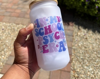 In My School Psych Era Glass Can Cup with Bamboo Lid and straw