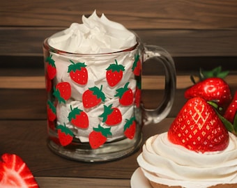 13 oz Strawberry Glass Mug | Strawberry Glass Mug |  Glass Coffee Mug| Strawberry Trendy Glass Mug | Iced Coffee Mug