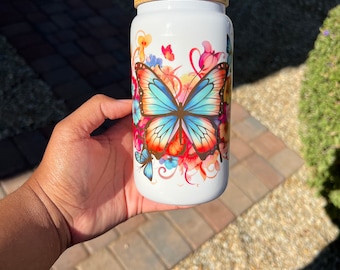 Butterfly Glass Can Cup with Bamboo Lid and straw