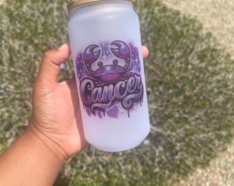 Cancer Zodiac Sign Glass Can Cup with Bamboo Lid and Straw
