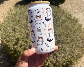 Spooky Ghost Bat Candy Glass Can Cup With Bamboo Lid and Straw |  White Glass Tumbler with Straw and Bamboo Lid | Iced Coffee Cup