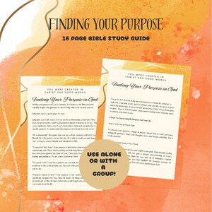 Peut inclure: Un guide d'étude biblique imprimable avec un fond pêche et le titre "Finding Your Purpose in God" en texte noir. Le guide est composé de 16 pages et comprend le texte "You were created in Christ for good works".