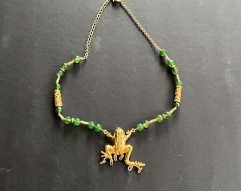Gold Tone Frog Green Beads Necklace