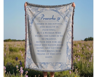 Manta cristiana tejida con versículo bíblico de Proverbios 31, ideal para mamás y abuelas, para mujeres y niñas, regalo de Navidad.