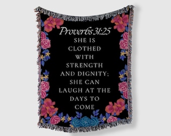 Manta cristiana tejida con versículo bíblico de Proverbios 31, ideal para mamás y abuelas, para mujeres y niñas, regalo de Navidad.