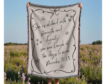 Manta cristiana tejida con versículo bíblico de Proverbios 31, ideal para mamás y abuelas, para mujeres y niñas, regalo de Navidad.