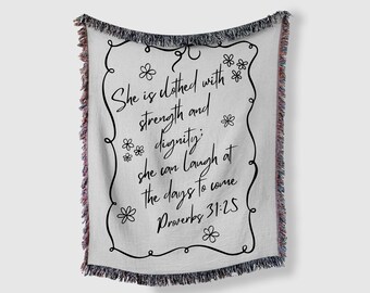 Manta cristiana tejida con versículo bíblico de Proverbios 31, ideal para mamás y abuelas, para mujeres y niñas, regalo de Navidad.