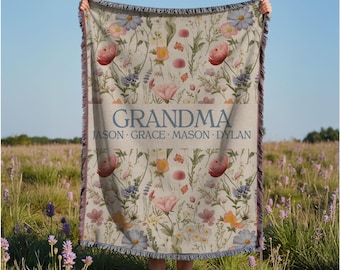 Personalized Grandma Blanket Custom Floral Woven Throw Cottagecore First Time Granny Birthday Gift from Grandkids Name Mother's Day