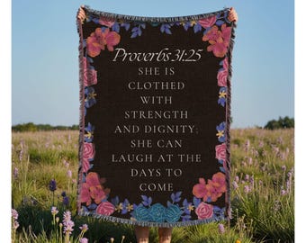 Manta cristiana tejida con versículo bíblico de Proverbios 31, ideal para mamás y abuelas, para mujeres y niñas, regalo de Navidad.