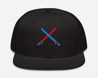 Fanático de los sables de luz, gorra snapback, gorra plana de Star Wars, lado oscuro, lado luminoso, gorra de fanático de la Fuerza, espadas rojas y azules